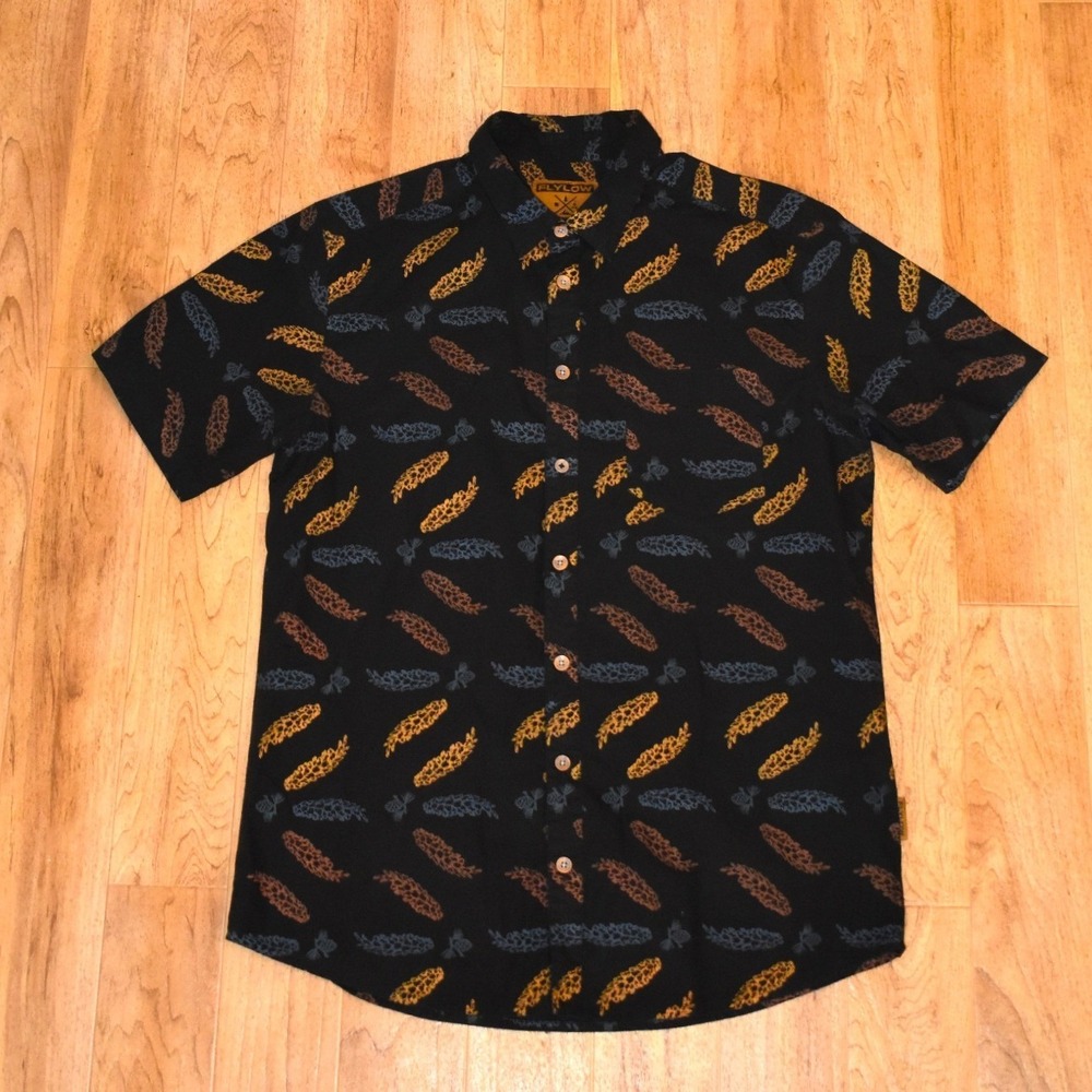 Flylow Habitat Line Shirt Mens XL Black Pinecone Print Short Sleeve Excellent